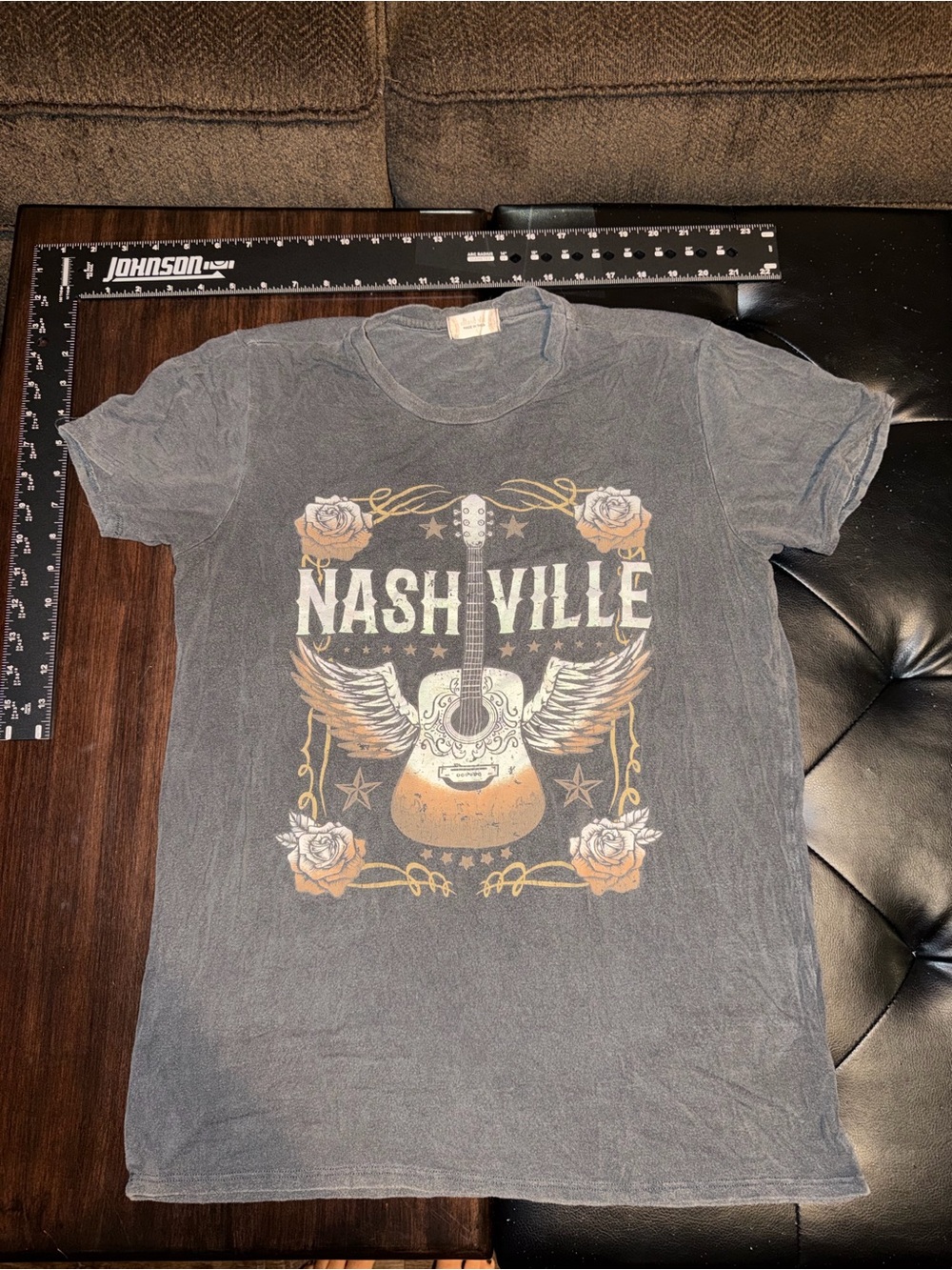 Altar'd State Charcoal Gray Nashville Guitar Tee with Tan Accents SOFT